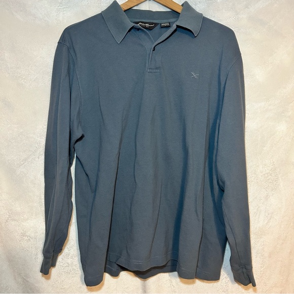 Eddie Bauer Polo Shirt Mens Size L Tall Gray Blue Thick Cotton Long Sleeve - Picture 1 of 4